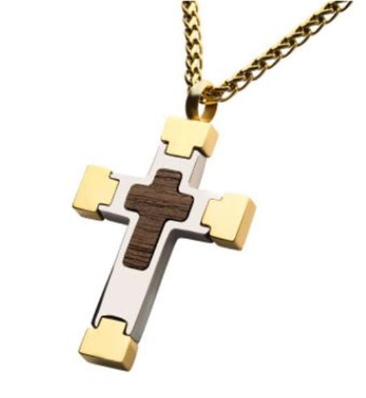 18K Gold Plated Cross Pendant with Walnut Wood Inlay, with 18K Gold Pl | 24" long 18K Gold Plated Wheat Chain