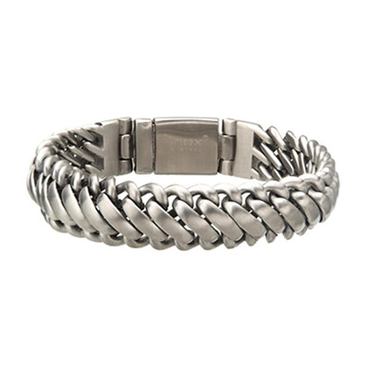 This chunky men's bracelet, known as the Matte Stainless Steel Big Double Chain Bracelet by INOX, features a double chain design with a box clasp and a polished finish. The tightly interlocking links give it a bold and robust appearance.