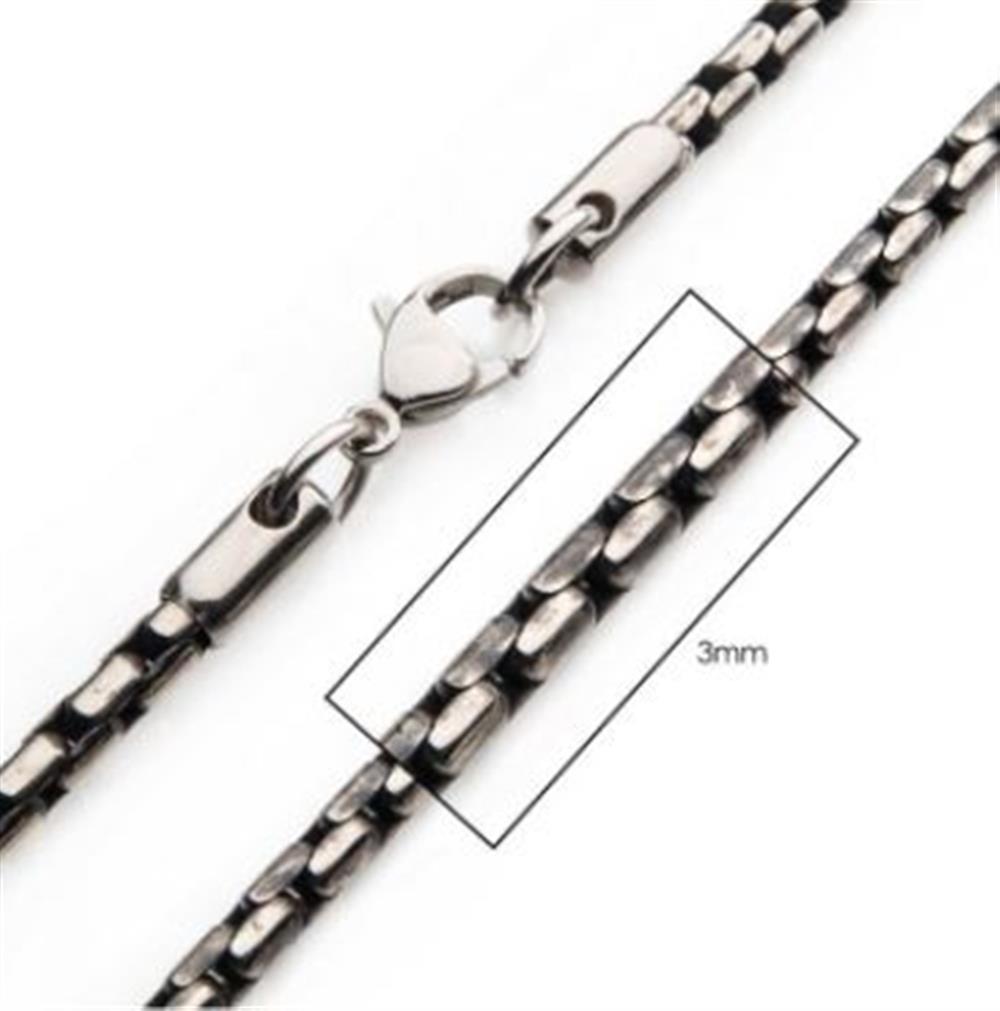 A close-up image of the INOX men's 3mm Oxidized Steel Boston Link Chain (20") showcases its flat, elongated links and silver chain with a lobster clasp.
