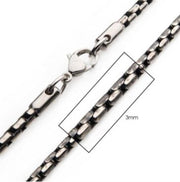 A close-up image of the INOX men's 3mm Oxidized Steel Boston Link Chain (20") showcases its flat, elongated links and silver chain with a lobster clasp.