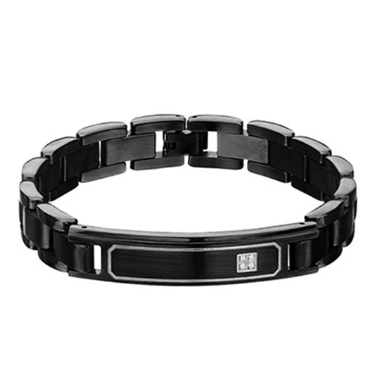 This modern and masculine Men's Stainless Steel Black Plated with Clear CZ ID Plate Link Engravable Bracelet by INOX features a sleek design with rectangular links. The center link is adorned with a small, square, silver inset accented by a diamond-like clear CZ, boasting both polished and matte finishes. Perfect for adding a personal touch, this adjustable bracelet fits wrists sized 8.25" to 8.75".