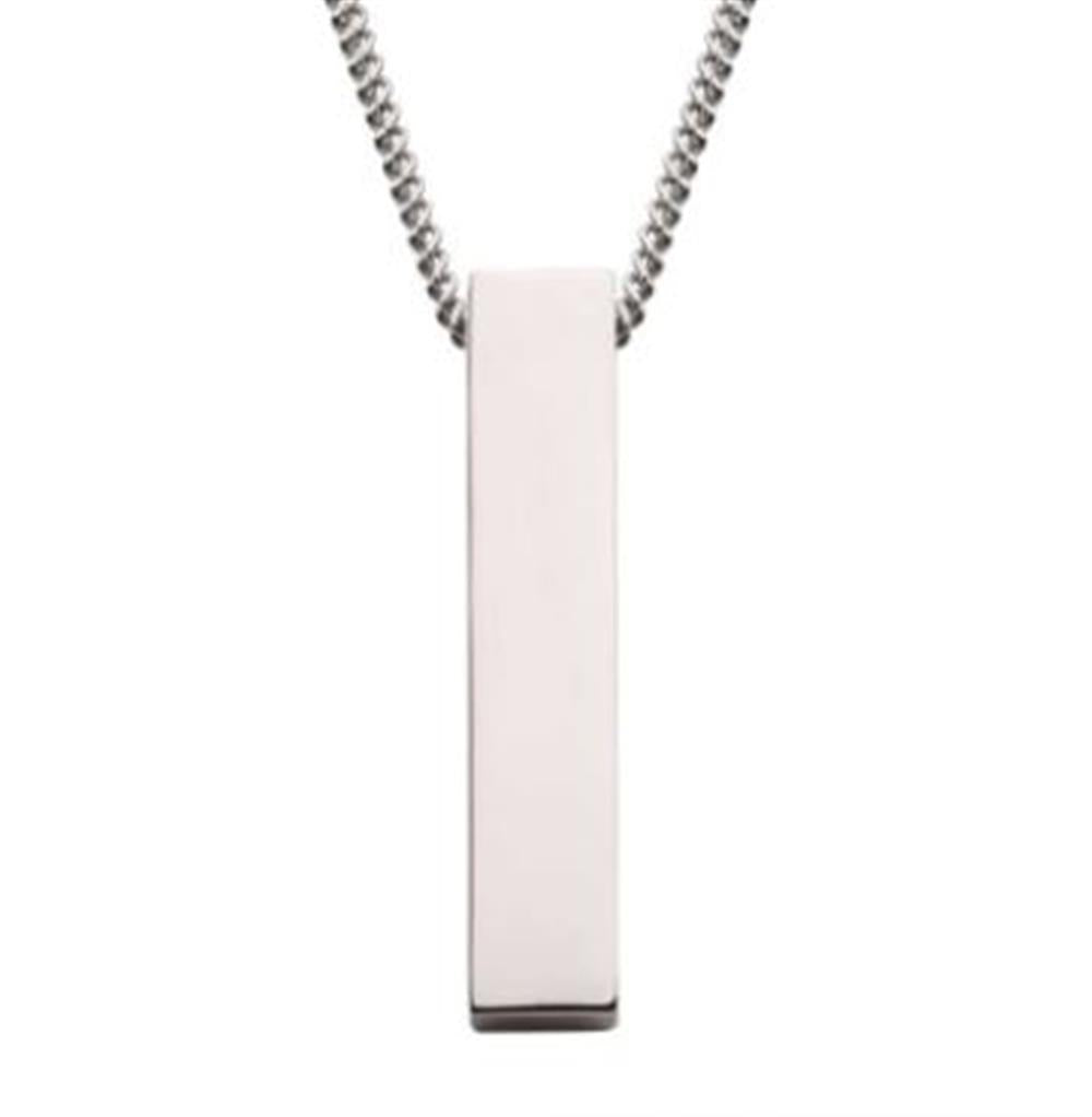 A rectangular keepsake pendant, named "The Monolith Engravable Pendant with Chain" by INOX, crafted from 925 sterling silver with smooth surfaces, hangs from a textured chain, set against a plain white background.