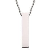 A rectangular keepsake pendant, named "The Monolith Engravable Pendant with Chain" by INOX, crafted from 925 sterling silver with smooth surfaces, hangs from a textured chain, set against a plain white background.