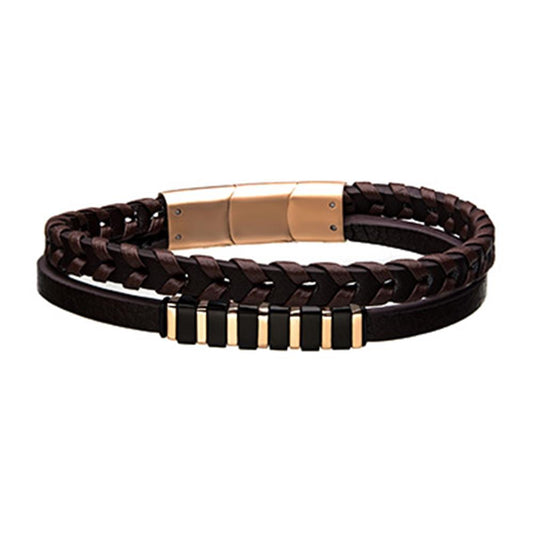 The INOX Men's Stainless Steel Double Wrap Brown Leather with Black & Rose Gold bracelet is a stylish accessory featuring a mix of braided and smooth dark brown leather strands. It boasts a stainless steel clasp and decorative rose gold-tone accents at the front. This modern and sleek design makes it suitable for both casual and formal wear.