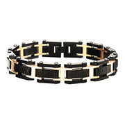 Check out the INOX Men's Black Pebble Design with Rose Gold Plated Link Bracelet. This sleek, modern bracelet features rectangular black links with textured, pebble-like detailing, connected by rose gold plated links, and a secure clasp closure.