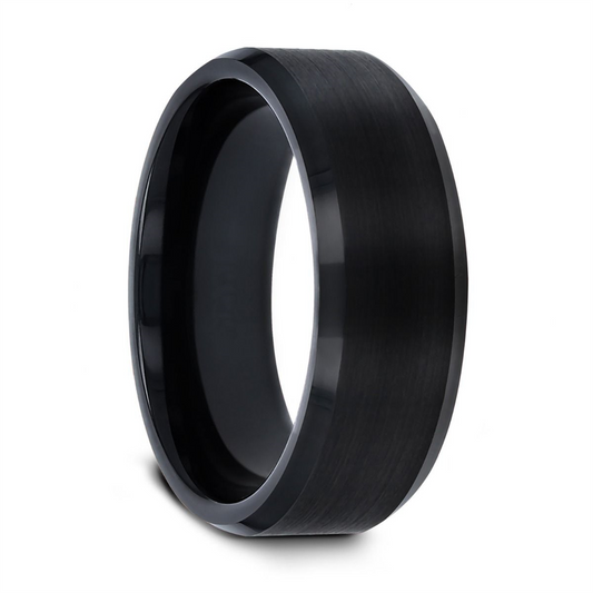 ELISE Black Tungsten Ring with Polished Beveled Edges and Brush Finish