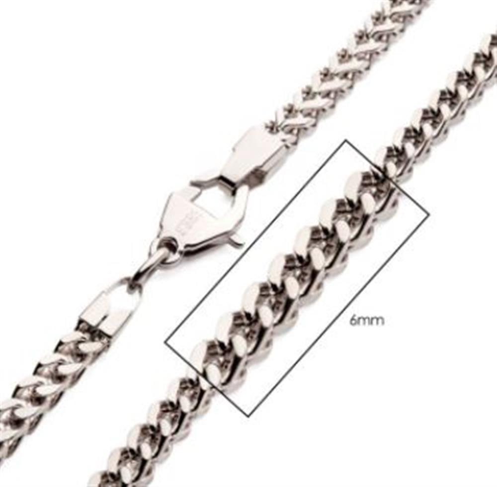 A close-up of the 22" INOX men's necklace showcases its stainless steel Franco chain design and secure lobster clasp. A highlighted box outlines a section, indicating the width is 6mm.
