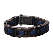A men's stainless steel brown bracelet from INOX, featuring intertwined blue and black leather bands with black metal accents and a clasp adorned with the "INOX" logo.