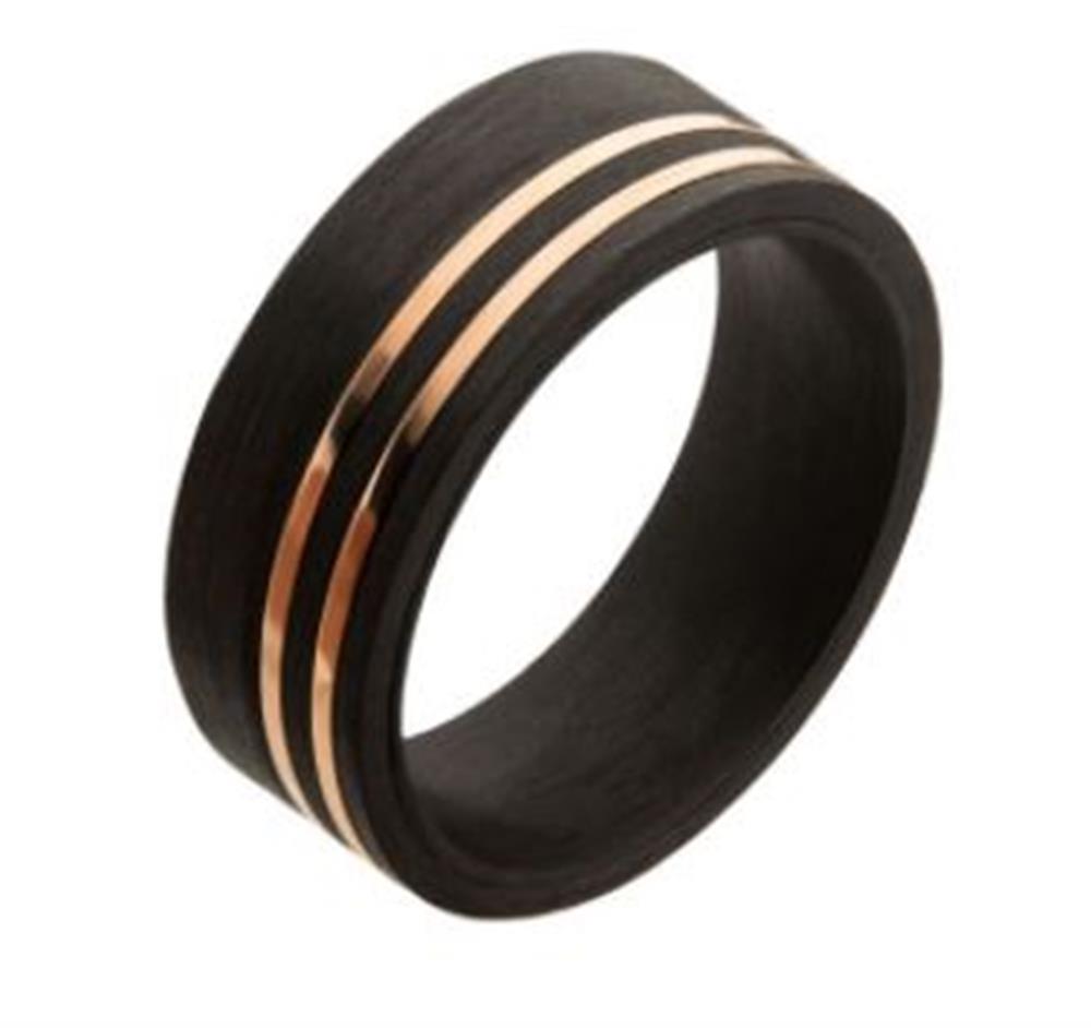 The Men's Stainless Steel Solid Carbon with Inlayed Rose Gold Thin Lines C by INOX features a matte black finish and two elegant, narrow rose-gold inlay stripes running around its circumference. This simple yet sophisticated design offers a comfort fit for everyday wear.