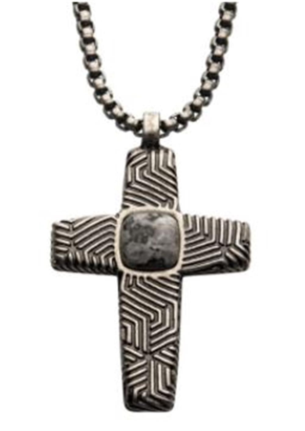 The INOX Stainless Steel Silver Plated Cross Pendant with a Gray Jasper Stone features intricate geometric patterns and hangs on a polished steel box chain. The dark, marbled appearance of the jasper stone is at the center of the shiny pendant, which is beautifully showcased against a plain white background.