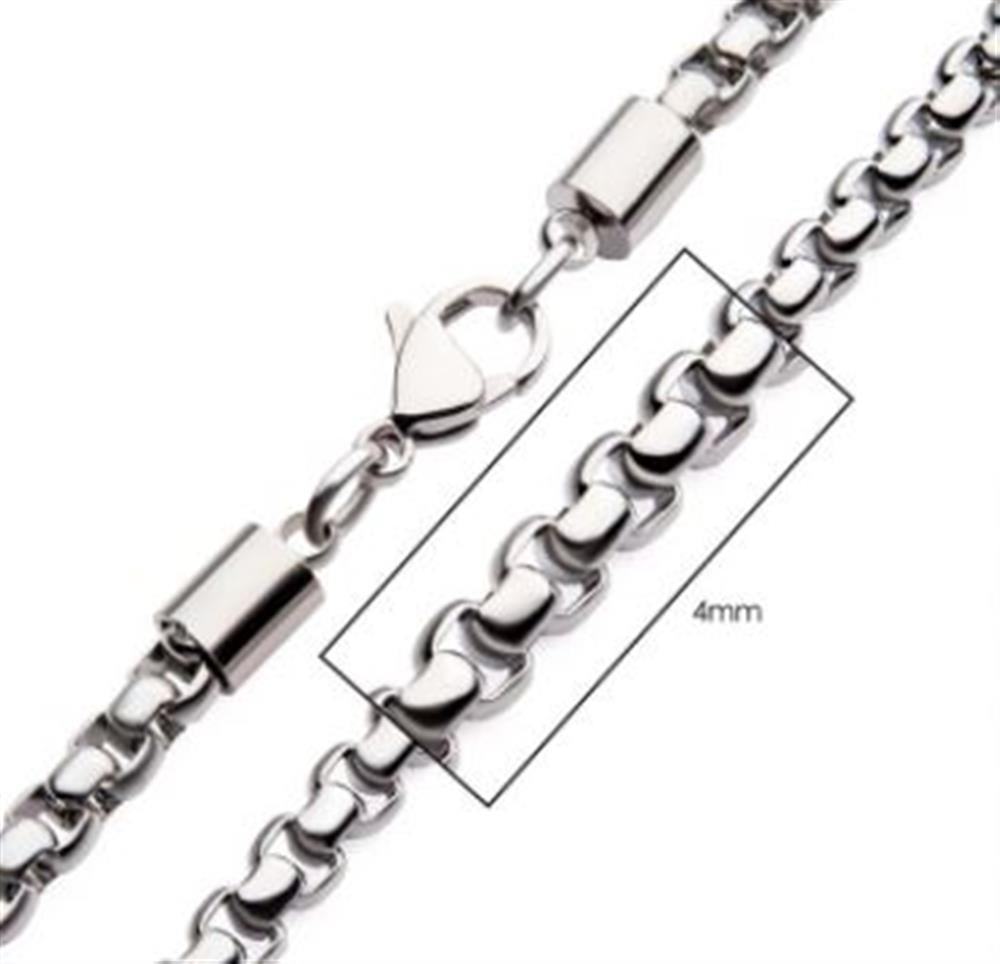 Close-up image of the 4mm Steel Bold Box Chain Necklace by INOX, featuring polished, rounded rectangular links. The 20" stainless steel chain showcases a lobster claw clasp, and a diagram highlights the width of the links. Perfectly suited for complementing any Men's necklace set from INOX.