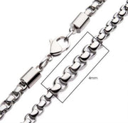 Close-up image of the 4mm Steel Bold Box Chain Necklace by INOX, featuring polished, rounded rectangular links. The 20" stainless steel chain showcases a lobster claw clasp, and a diagram highlights the width of the links. Perfectly suited for complementing any Men's necklace set from INOX.
