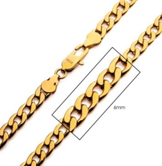 Close-up of the 6mm 18K Gold Plated Classic Curb Chain by INOX, featuring a lobster clasp. The chain showcases thick, interlocking links with a measured segment indicating a width of 6mm. This elegant men's stainless steel necklace is an excellent representation of timeless style and sophistication.