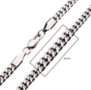 A close-up view of a men's INOX 6mm Steel Diamond Cut Curb Chain | 22" with a lobster clasp. The chain's width is labeled "6mm" within a rectangular measurement box. The chain is shown in detail against a white background.
