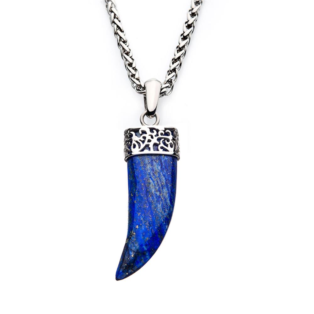 Men's Stainless Steel with Lapis Lazuli Stone Horn Pendant, with 24 in