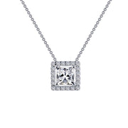 Introducing the Princess-Cut Halo Necklace by Lafonn—a masterfully designed piece featuring a stunning square-shaped pendant. The central diamond, with its brilliant princess cut, is elegantly surrounded by smaller diamonds, all set on a minimalist sterling silver chain. This necklace's clean design highlights the elegance and sparkle of the pendant, making it a timeless classic.