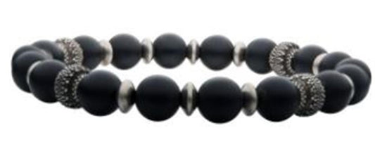 The INOX Men's 8mm Matte Black Agate Stones with Black Oxidized Beads Bracelet showcases a sequence of round matte black agate beads complemented by silver rondelle spacers and textured metallic accents, creating a balanced and stylish design.