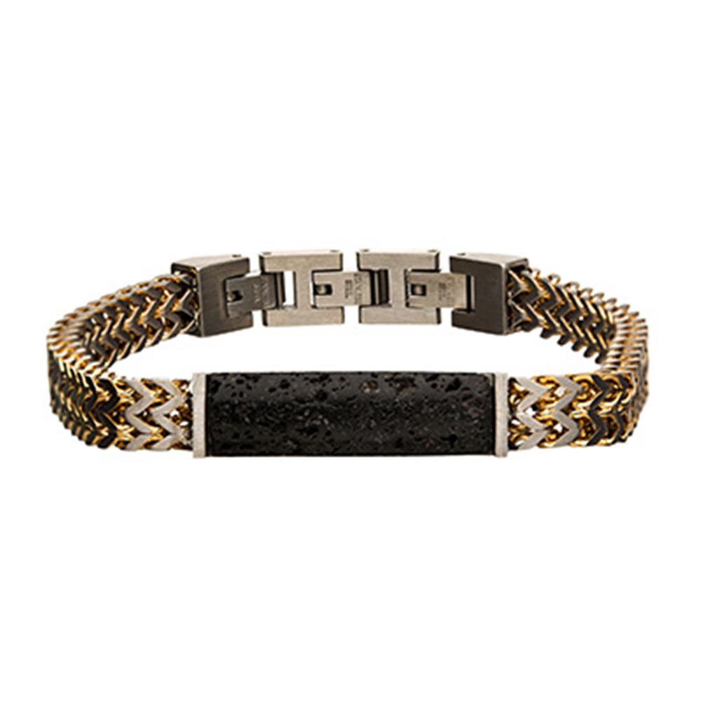 The INOX Stainless Steel Gold Plated Double Franco Chain with Lava Stone ID Link Bracelet is a stylish men's accessory featuring a woven design with black and gold-toned links, a central black textured lava stone, and a robust clasp closure. This bracelet perfectly combines rugged and elegant elements for a sophisticated look.
