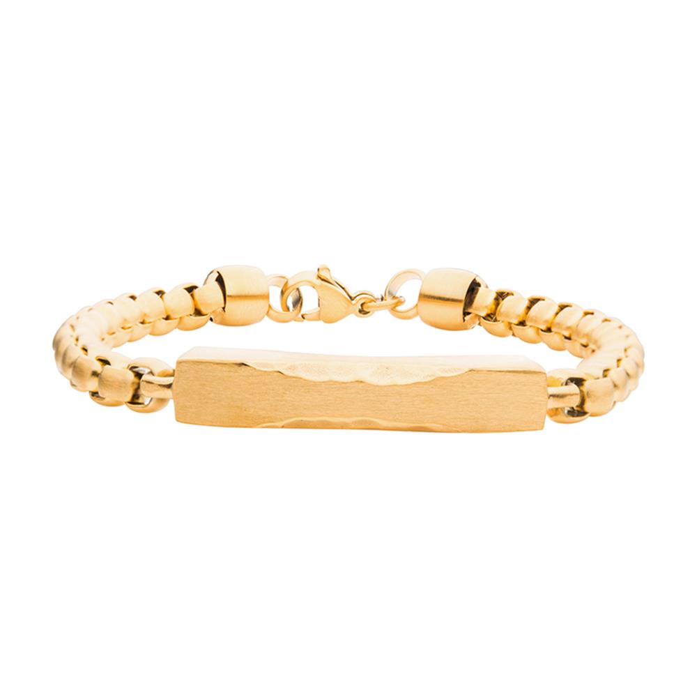 The INOX Matte 18K Gold IP Chiseled Engravable Drop with Bold Box Chain Bracelet for men features a rectangular central plate with a slightly textured surface and a lobster clasp, highlighting its sophisticated style through an articulated chain design.