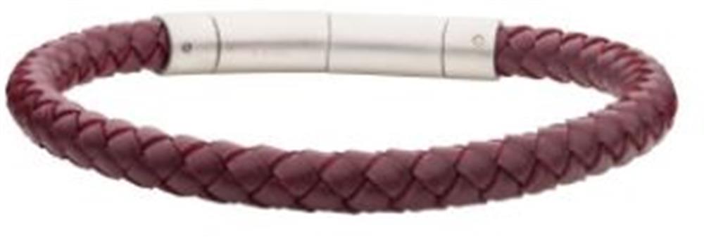 A close-up image of the 6mm Burgundy Genuine Leather Bracelet by INOX, showcasing its detailed braided design and cylindrical silver clasp. The texture of the intertwining leather bands is clearly visible.