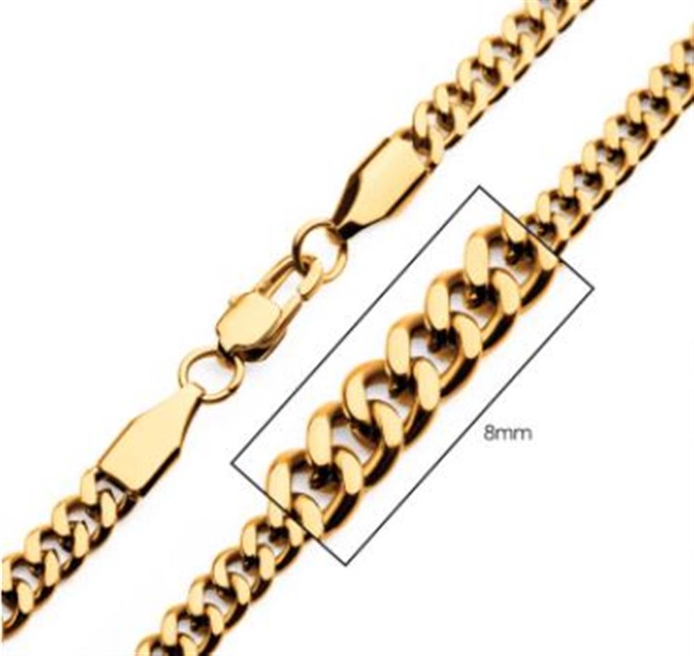 A close-up image of the 8mm 18K Gold Plated Diamond Cut Curb Chain Necklace by INOX, featuring a lobster clasp. This men's stainless steel necklace showcases interlocking wide links and measures 22 inches in length. A section of the chain is highlighted with a rectangle to demonstrate the link width.