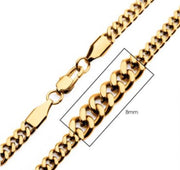 A close-up image of the 8mm 18K Gold Plated Diamond Cut Curb Chain Necklace by INOX, featuring a lobster clasp. This men's stainless steel necklace showcases interlocking wide links and measures 22 inches in length. A section of the chain is highlighted with a rectangle to demonstrate the link width.