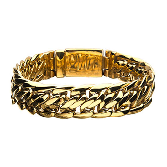 The Stainless Steel Gold Plated Double Helix Chain Bracelet by INOX is a shiny, thick gold plated link bracelet with a secure rectangular clasp. This men's bracelet showcases wide, interlocking links that create a bold and elegant look. The clasp fits seamlessly with the overall design, enhancing its polished appearance.