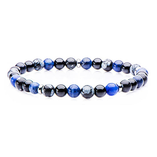 Introducing the Men's Stainless Steel and Sodalite, Black Agate, Snowflake Beads Brace by INOX: a sophisticated round beaded men’s bracelet featuring polished blue sodalite beads and glossy black agate stones. The stretchable band ensures a comfortable fit, and the uniformly spherical stones add to its elegance. Displayed against a white background, this bracelet is both stylish and versatile.