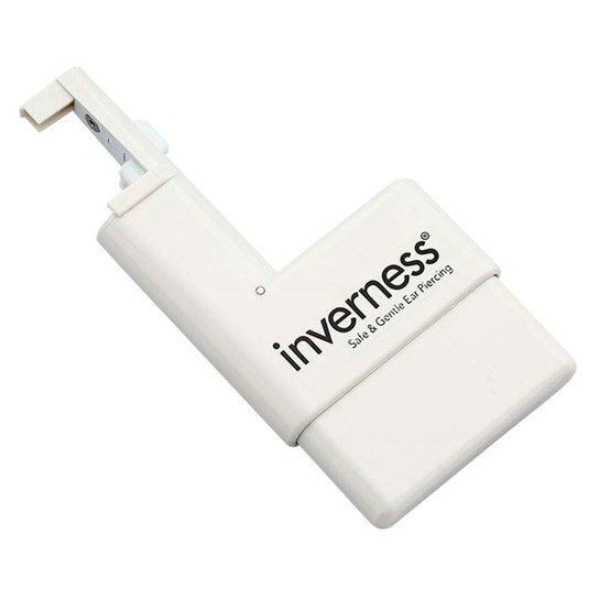 An Inverness Ear Piercing Kit with the brand name "Inverness" printed in black letters. This compact plastic ear-piercing system features a rectangular base, an extended arm designed for safe and gentle ear piercing, and uses sterile earring capsules for added hygiene.