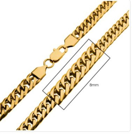 A close-up image of an INOX 8mm 18K Gold Plated Dome Curb chain necklace with a flat, interwoven design and a clasp. The chain is labeled "8mm" to indicate its width. The link structure is highlighted in a rectangular box to emphasize the intricate pattern of this men's stainless steel necklace.