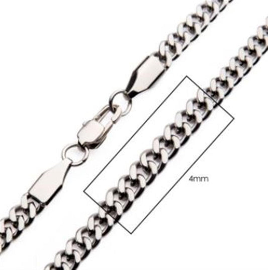 A close-up of the 4mm Steel Diamond Cut Curb Chain Necklace from INOX, showcasing the men's stainless steel chain’s thickness and its lobster clasp, marked at 20 inches.