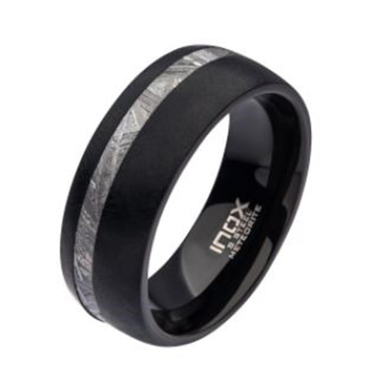 Men's 2mm Meteorite Inlay Black Plated Ring. Size 10