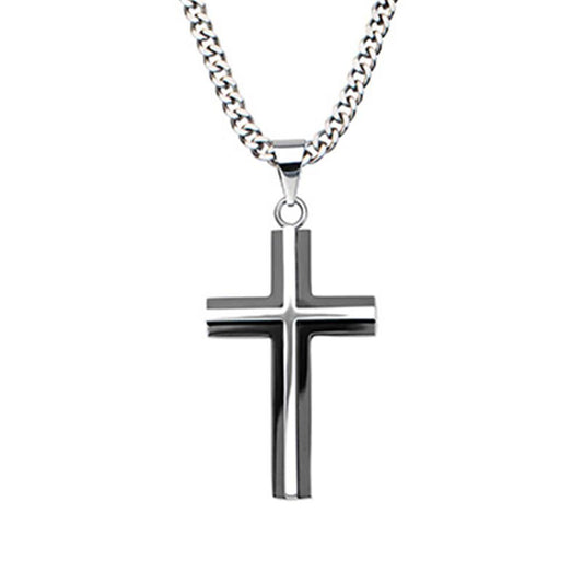The INOX Stainless Steel Black Plated & Steel 3D Cross Pendant with chain features a sleek, modern cross pendant. The cross boasts clean lines and a polished finish, attached to a thick, robust chain. The stainless steel design is simple yet elegant, reflecting light on its smooth surface.