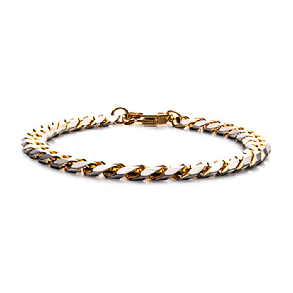 A Men's Denim Fade Stainless Steel Bracelet from INOX features a lobster clasp and sleek, polished finish. The diamond-cut curb design includes interlocking links, offering a sophisticated and elegant appearance. The bracelet is laid out flat on a white background.