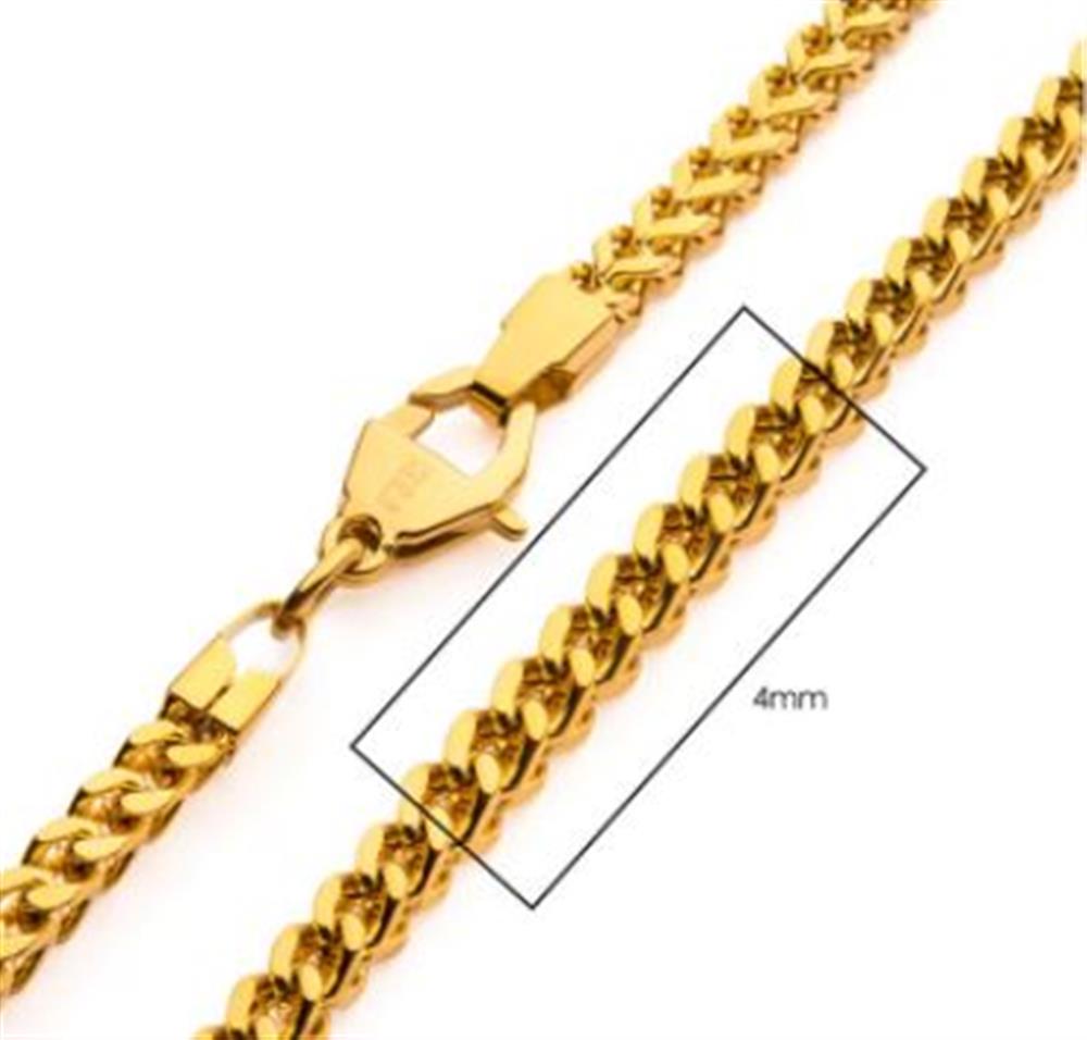 A close-up image of the 4mm 18K Gold Plated Franco Chain | 24" highlights the intricate link details, with a lobster clasp securing the piece. The magnified rectangular section emphasizes the quality craftsmanship of this stainless steel men's necklace by INOX.