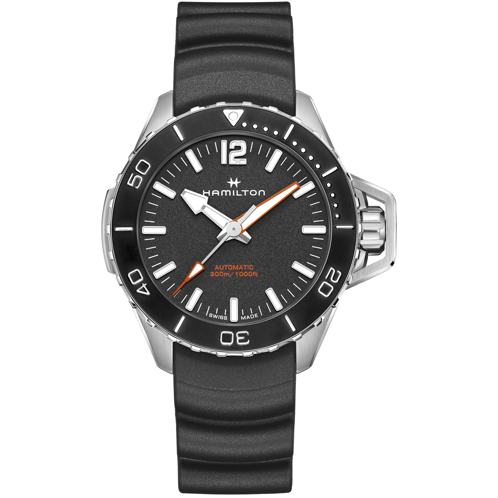 The Hamilton Khaki Navy Frogman Automatic wristwatch boasts a wave-patterned tactical rubber strap and a silver metal case. Its black dial features white hour markers, silver hands, an orange second hand, a date display at the 4 o’clock position, and markings indicating 300 meters water resistance—perfect for maritime adventures.