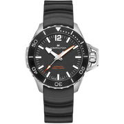 The Hamilton Khaki Navy Frogman Automatic wristwatch boasts a wave-patterned tactical rubber strap and a silver metal case. Its black dial features white hour markers, silver hands, an orange second hand, a date display at the 4 o’clock position, and markings indicating 300 meters water resistance—perfect for maritime adventures.