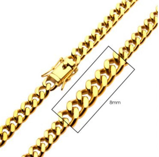 A close-up image of the 8mm 18K Gold Plated Miami Cuban Chain by INOX, showcasing its lobster clasp and interlocking flat, wide links. The highlighted section indicates the link width of 8mm.