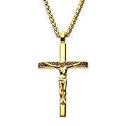 The Men's Stainless Steel Gold Plated Pendant Necklace by INOX features a detailed Jesus Christ cross pendant adorned with small dark stones on its vertical and horizontal bars. This piece offers timeless elegance, making it perfect for those seeking a sophisticated design.