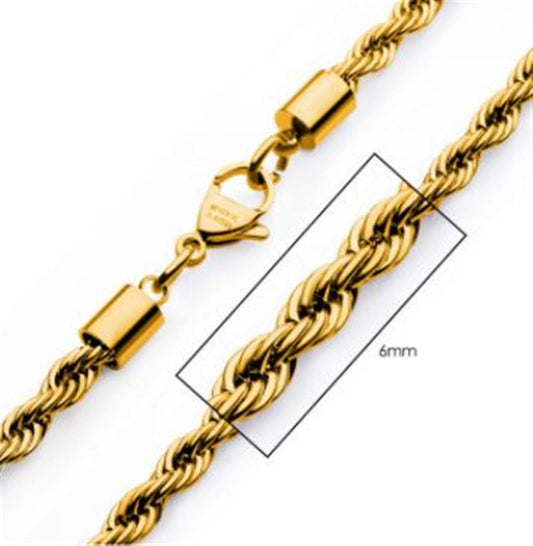 6mm 18K Gold Plated Rope Chain | 24" | INOX