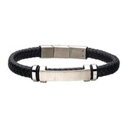 Presenting the INOX Men's Stainless Steel 8mm Matte Plated Engraved Bracelet with Black Braided Leather, featuring a sleek silver rectangular plate at the center adorned with two silver rings on either side, perfectly embodying the essence of a Men's ID Bracelet. The stainless steel clasp closure ensures durability and timeless style.