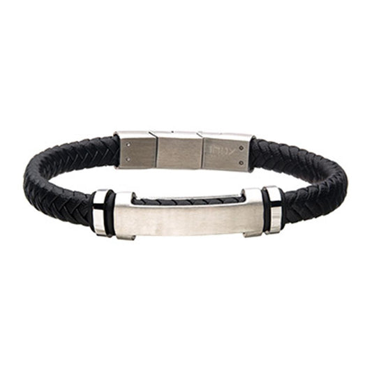 Presenting the INOX Men's Stainless Steel 8mm Matte Plated Engraved Bracelet with Black Braided Leather, featuring a sleek silver rectangular plate at the center adorned with two silver rings on either side, perfectly embodying the essence of a Men's ID Bracelet. The stainless steel clasp closure ensures durability and timeless style.
