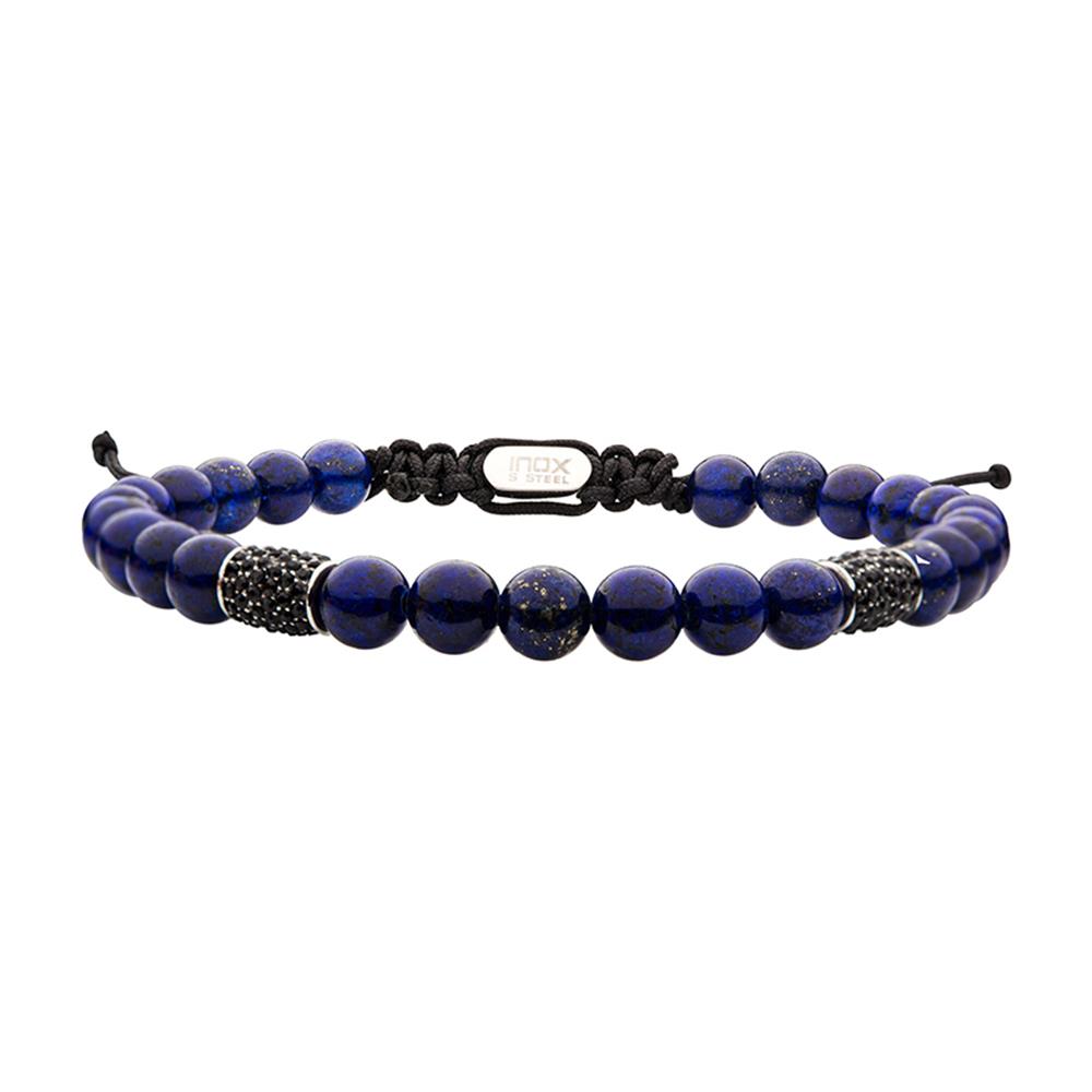 Discover the INOX Stainless Steel Beads with Black CZ & Lapis Stone Bead Adjustable bracelet featuring round, dark blue lapis stone beads interspersed with two sections of smaller, darker beads at the center. The beads are intricately strung on a black cord and finished with an adjustable closure, accented by a small, rectangular metallic tag for a stylish touch.