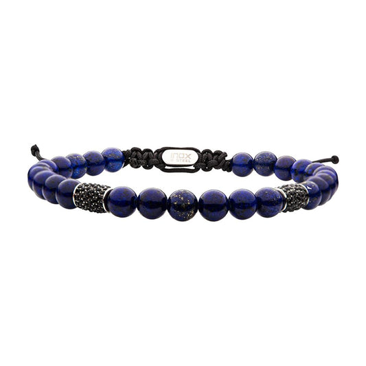 Discover the INOX Stainless Steel Beads with Black CZ & Lapis Stone Bead Adjustable bracelet featuring round, dark blue lapis stone beads interspersed with two sections of smaller, darker beads at the center. The beads are intricately strung on a black cord and finished with an adjustable closure, accented by a small, rectangular metallic tag for a stylish touch.