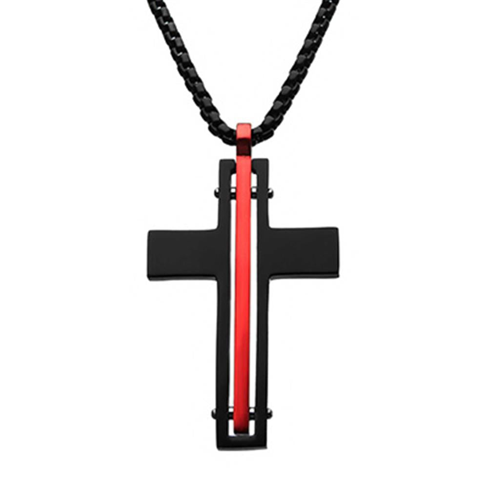 Dante - Black and Red Matte Thin Red Line Cross Pendant with Round Box Chain | INOX
