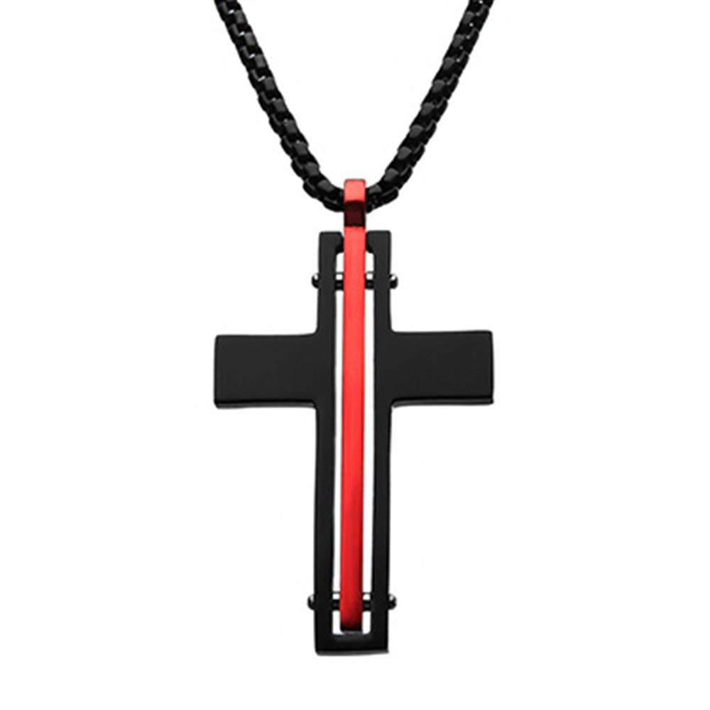 A black cross-shaped pendant, reminiscent of the Thin Red Line cross with a striking red vertical stripe at its center, hangs from a sleek 22 inch Round Box chain. The Dante - Black and Red Matte Thin Red Line Cross Pendant by INOX is set against a white background, making its bold design stand out.