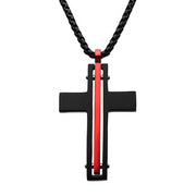 A black cross-shaped pendant, reminiscent of the Thin Red Line cross with a striking red vertical stripe at its center, hangs from a sleek 22 inch Round Box chain. The Dante - Black and Red Matte Thin Red Line Cross Pendant by INOX is set against a white background, making its bold design stand out.