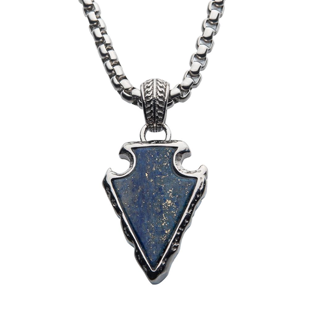 Lapis Lazuli Stone with Polished Steel Frame Pendant with Polished Steel Box Chain | INOX