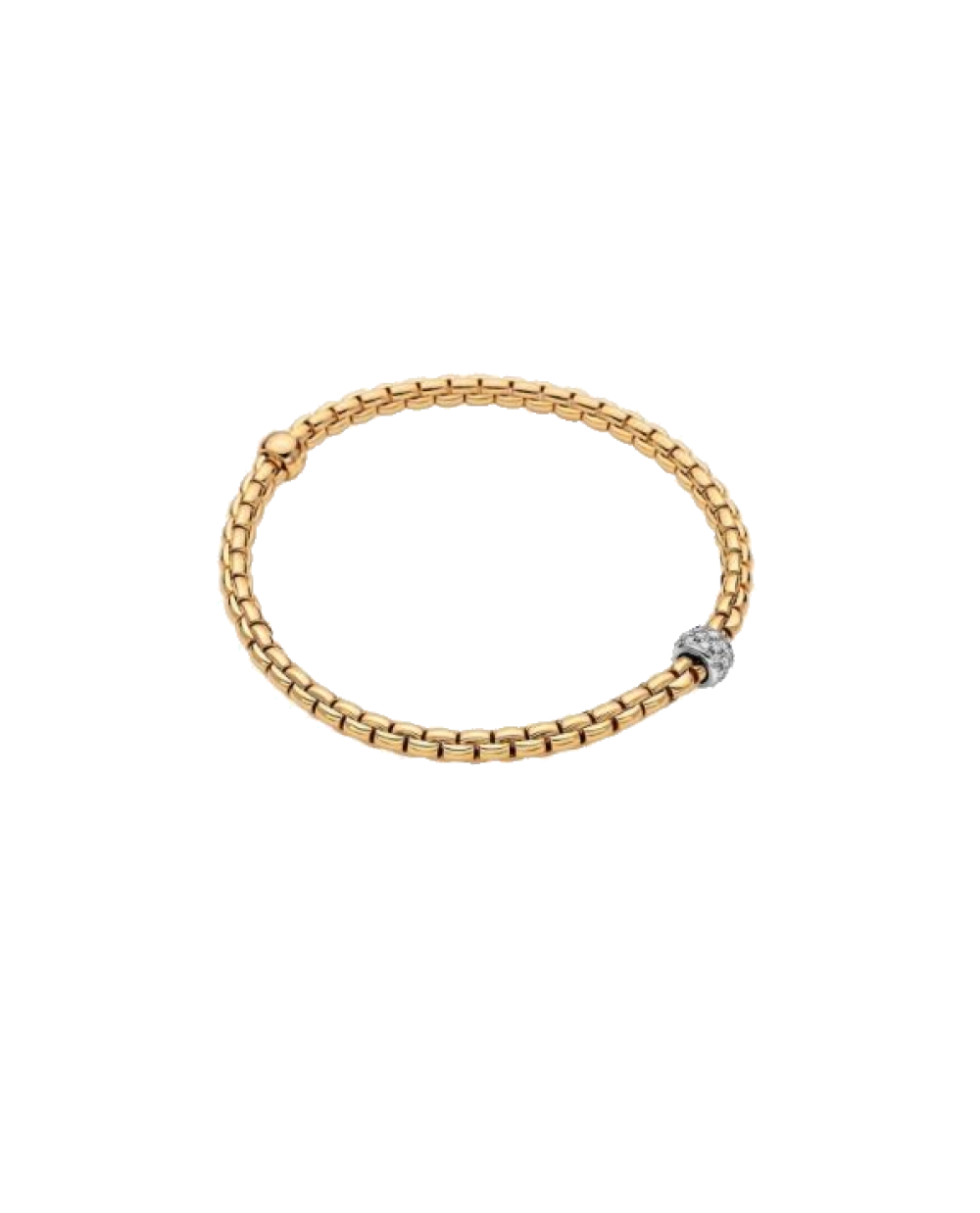 Introducing the FOPE 18K Gold Flex'It Bracelet with Diamond Pave' from the Eka Collection. This minimalist and elegant piece features a sleek, rectangular link design with a single, round silver accent bead on one side. Perfect for both casual and formal occasions, it is set against a plain white background.