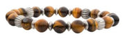 The INOX Men's 8.5mm Tiger Eye Stones with Black Oxidized Beads Bracelet features round, polished tiger's eye stones in various shades of brown and black, interspersed with textured silver and black oxidized beads. The elastic bracelet is arranged in a continuous loop for easy wear.